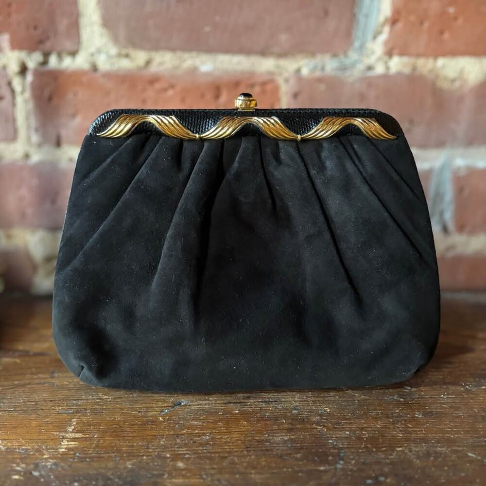 Vintage Judith Leiber Suede Black Clutch Shoulder Evening Bag  Purse Handbag